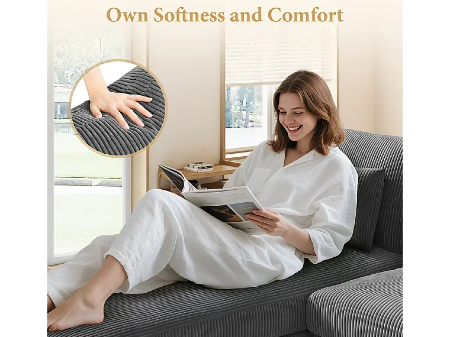 DripeX Canapé de canto reversível em veludo cotelê - 2 lugares + méridienne - Cinza - 256 x 160 x 88 cm^ Sofá