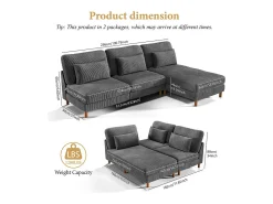 DripeX Canapé de canto reversível em veludo cotelê - 2 lugares + méridienne - Cinza - 256 x 160 x 88 cm^ Sofá