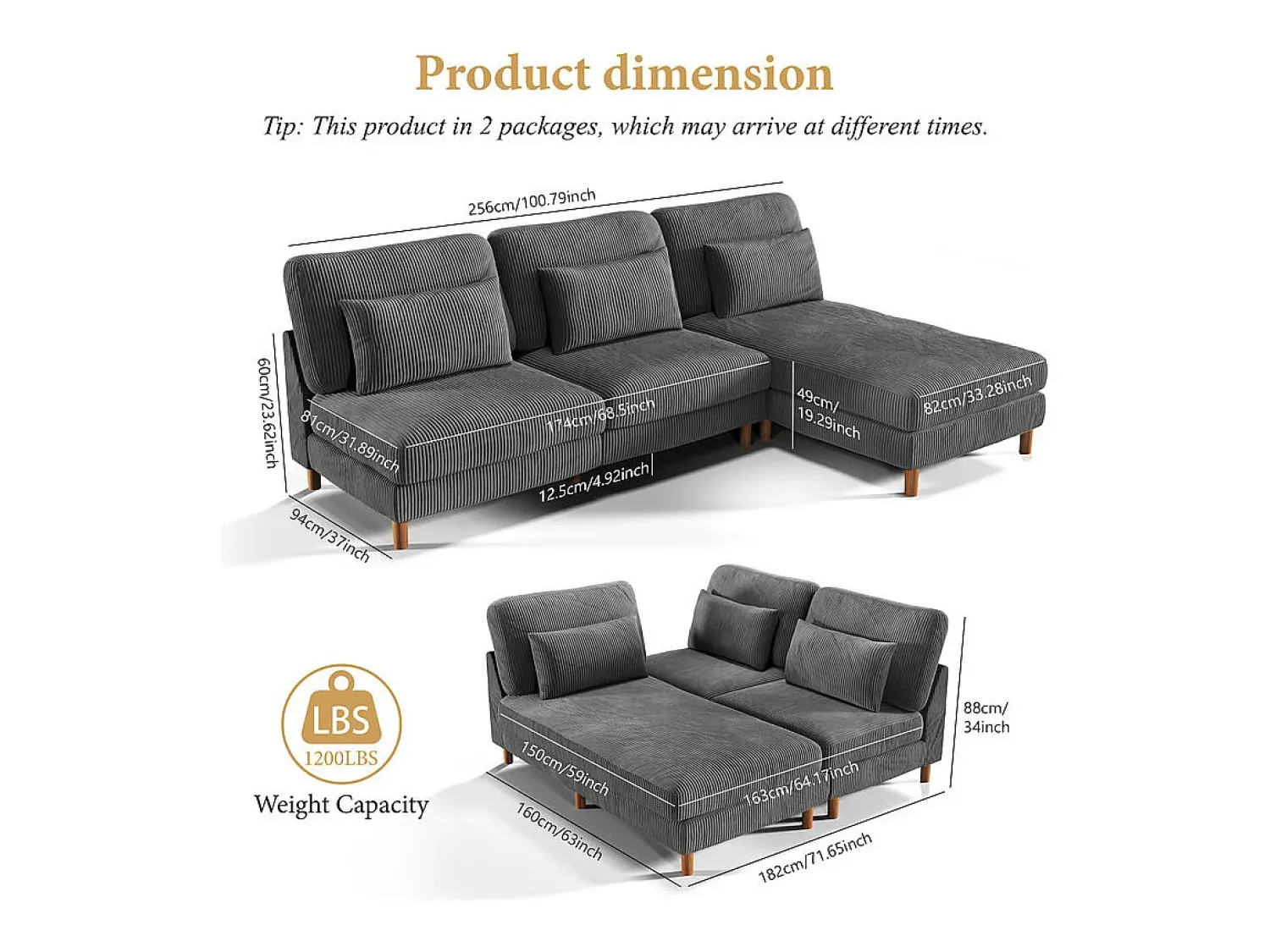 DripeX Canapé de canto reversível em veludo cotelê - 2 lugares + méridienne - Cinza - 256 x 160 x 88 cm^ Sofá
