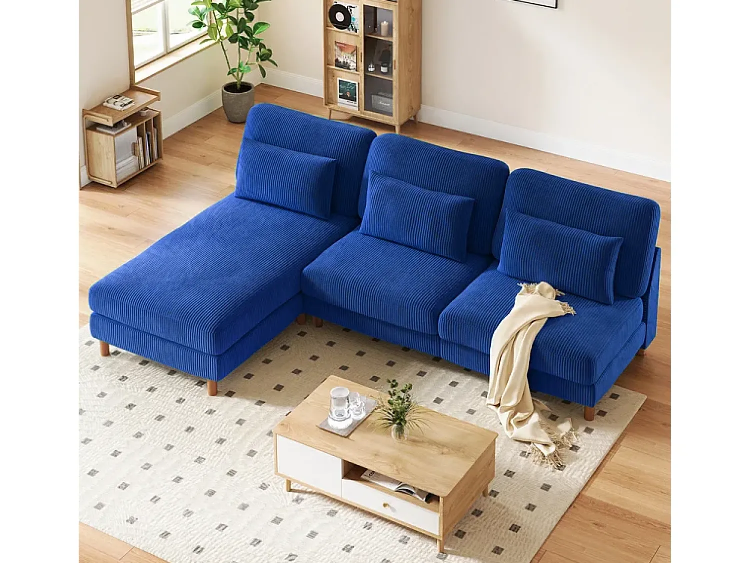 Sofá|DripeX Canapé de canto reversível em veludo cotelê - 2 lugares + méridienne - - 256 x 160 x 88 cm Azul