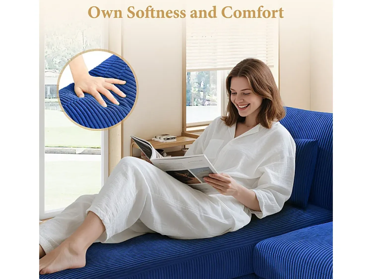 Sofá|DripeX Canapé de canto reversível em veludo cotelê - 2 lugares + méridienne - - 256 x 160 x 88 cm Azul