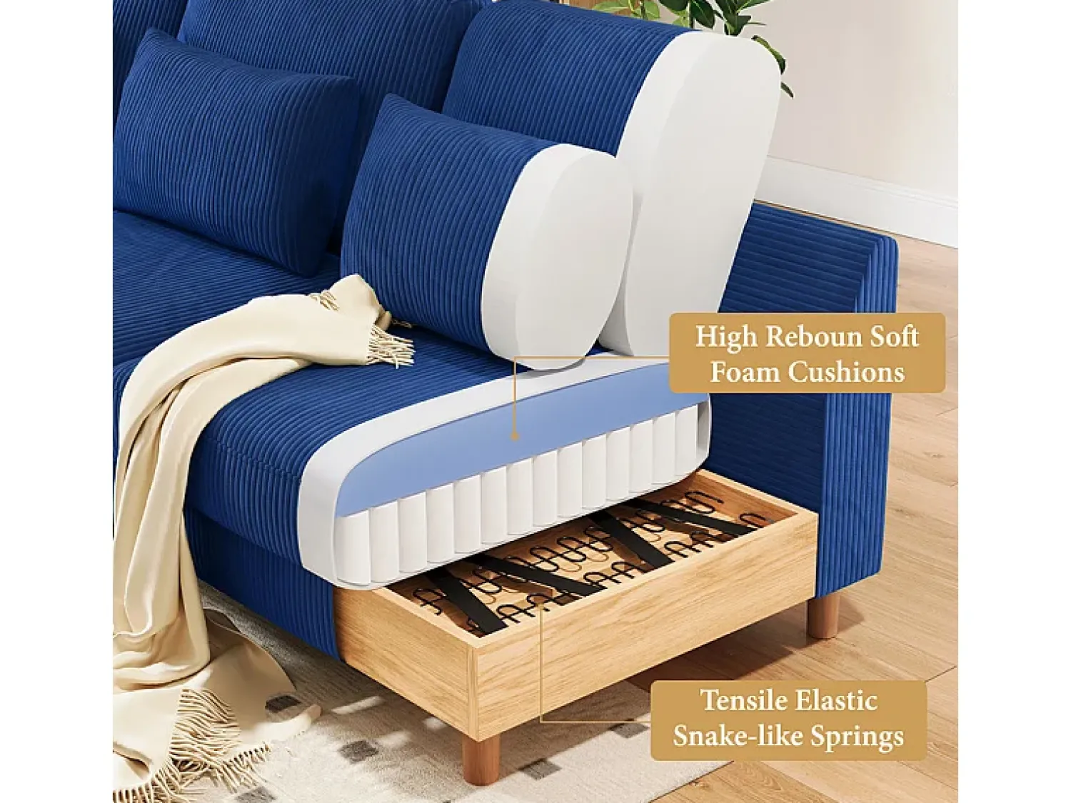Sofá|DripeX Canapé de canto reversível em veludo cotelê - 2 lugares + méridienne - - 256 x 160 x 88 cm Azul