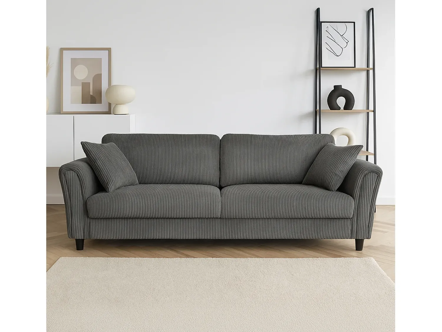 Sofá*Concept-Usine Canapé direito de 4 lugares em veludo cotelê cinza escuro LUCERNE - Confortável, elegante e contemporâneo Cinzento