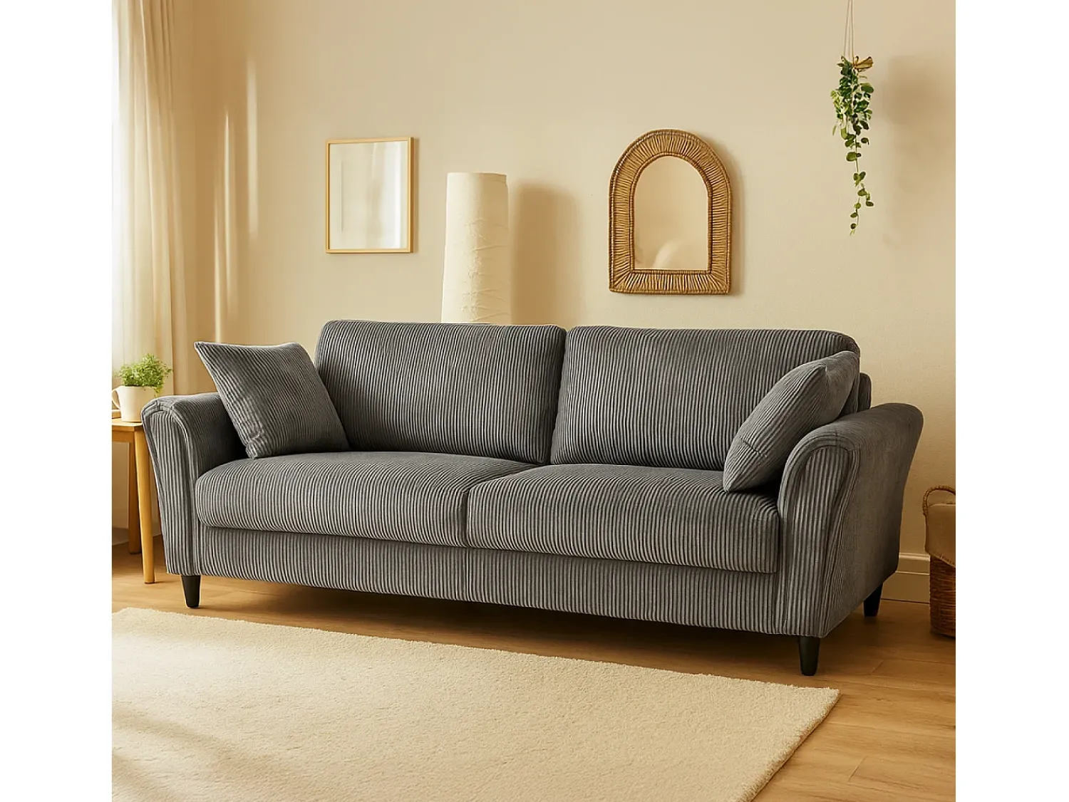 Sofá*Concept-Usine Canapé direito de 4 lugares em veludo cotelê cinza escuro LUCERNE - Confortável, elegante e contemporâneo Cinzento