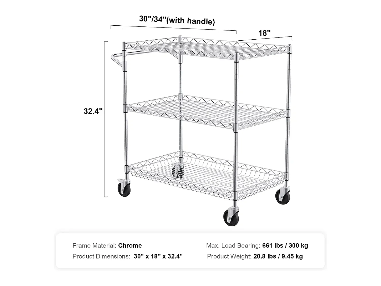Móvel De Arrumação* Carriça utilitária SucceBuy 76,2 x 45,7 x 82,3 cm 300 kg 3 níveis 6 ganchos com rodas Prateado