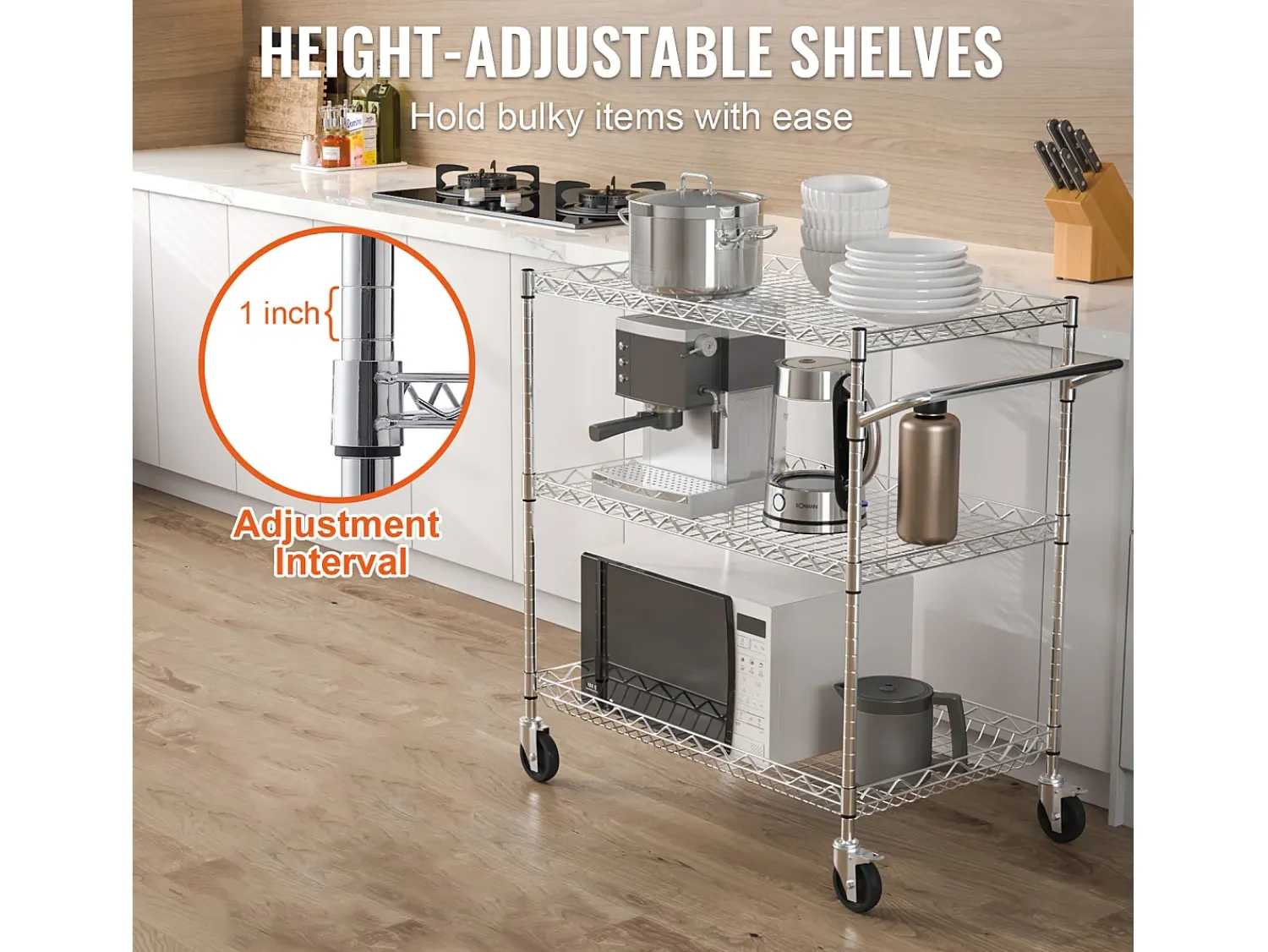 Móvel De Arrumação* Carriça utilitária SucceBuy 76,2 x 45,7 x 82,3 cm 300 kg 3 níveis 6 ganchos com rodas Prateado