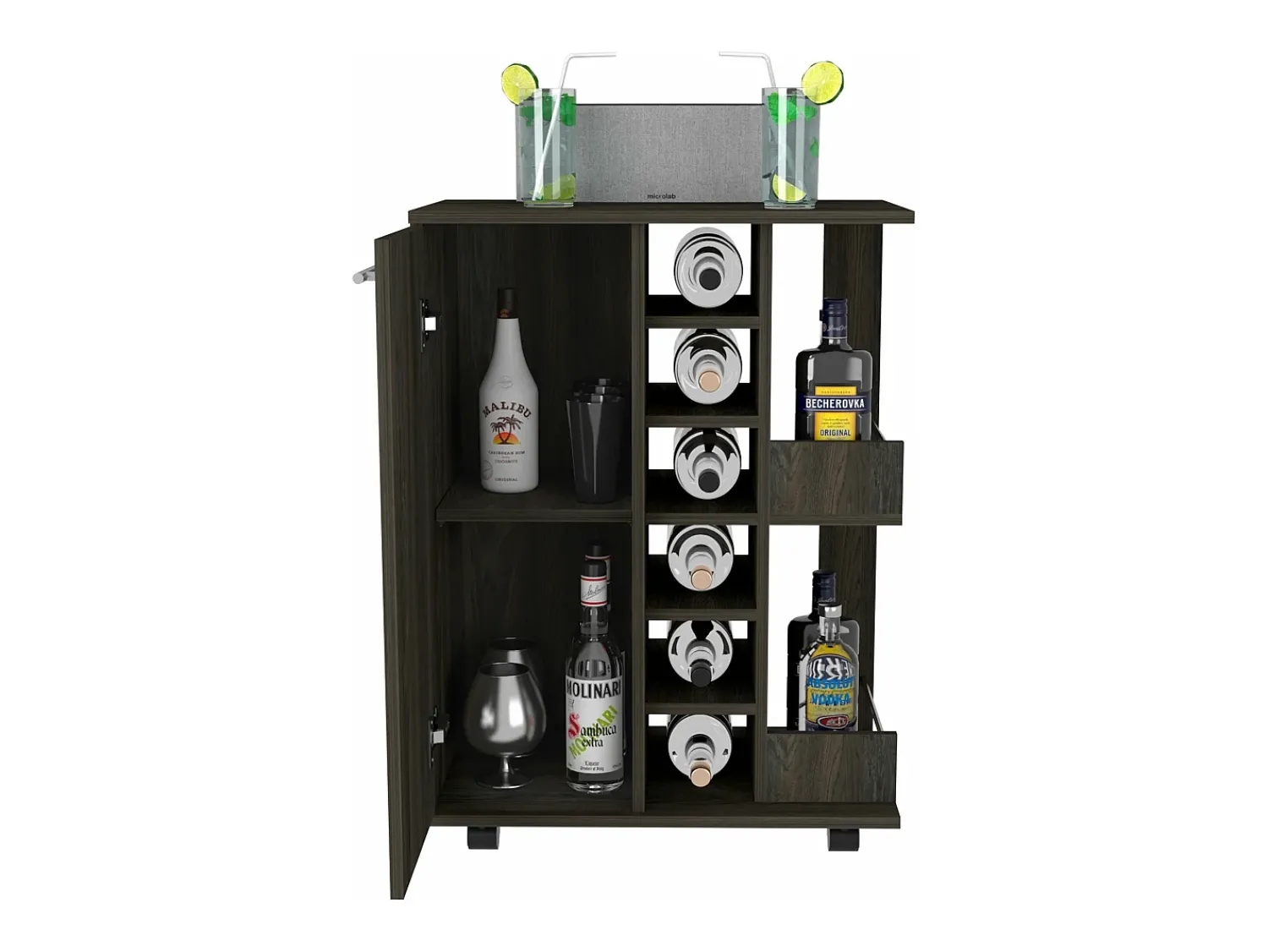 Clearance TuHome Carrinho de bar com prateleira para vinhos e rodas, 82.09 cm X 59.99 cm X 37.49 cm , Carvão vegetal Cinzento