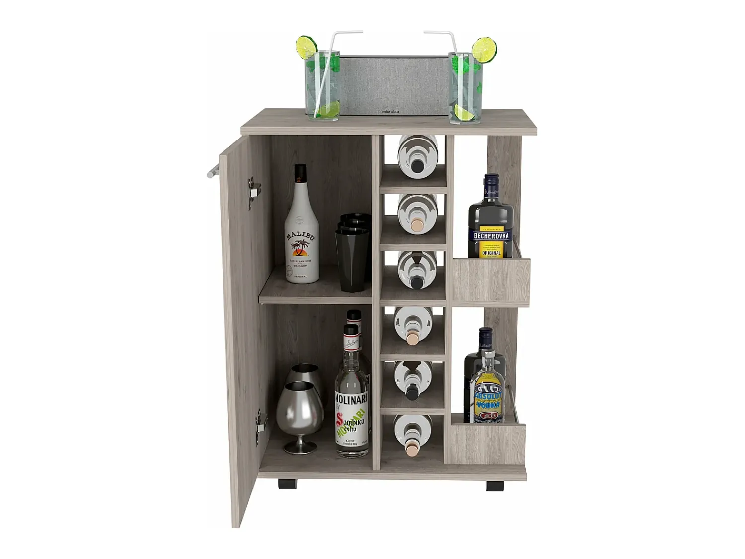 TuHome Carrinho de bar com suporte para garrafas e rodas , 82.09 cm X 59.99 cm X 37.49 cm , Cinder^ Móvel De Bar