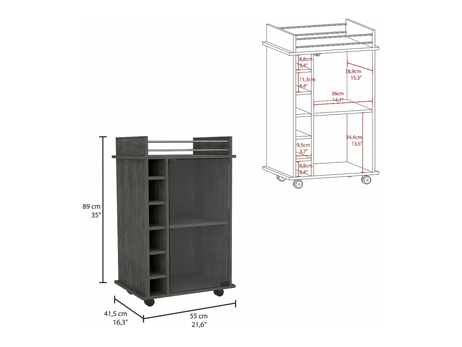 Móvel De Bar|TuHome Carrinho de bar Dukat com rodas e porta de vidro , 88.9 cm X 54.86 cm X 41.40 cm , Cinzento