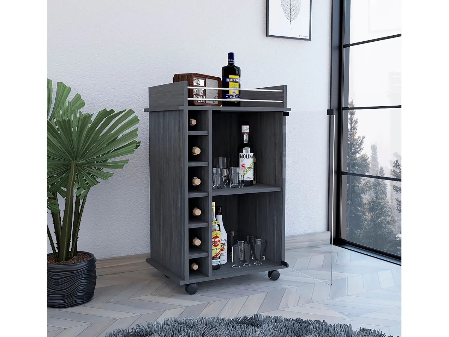 Móvel De Bar|TuHome Carrinho de bar Dukat com rodas e porta de vidro , 88.9 cm X 54.86 cm X 41.40 cm , Cinzento