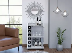 Acessórios De Arrumação|Acessório Vinho E Bar*TuHome Carrinho de bar Dukat em melamina com 6 prateleiras para garrafas, 3 prateleiras e 4 rodas, , 89 cm X 55 cm X 41.5 cm Branco