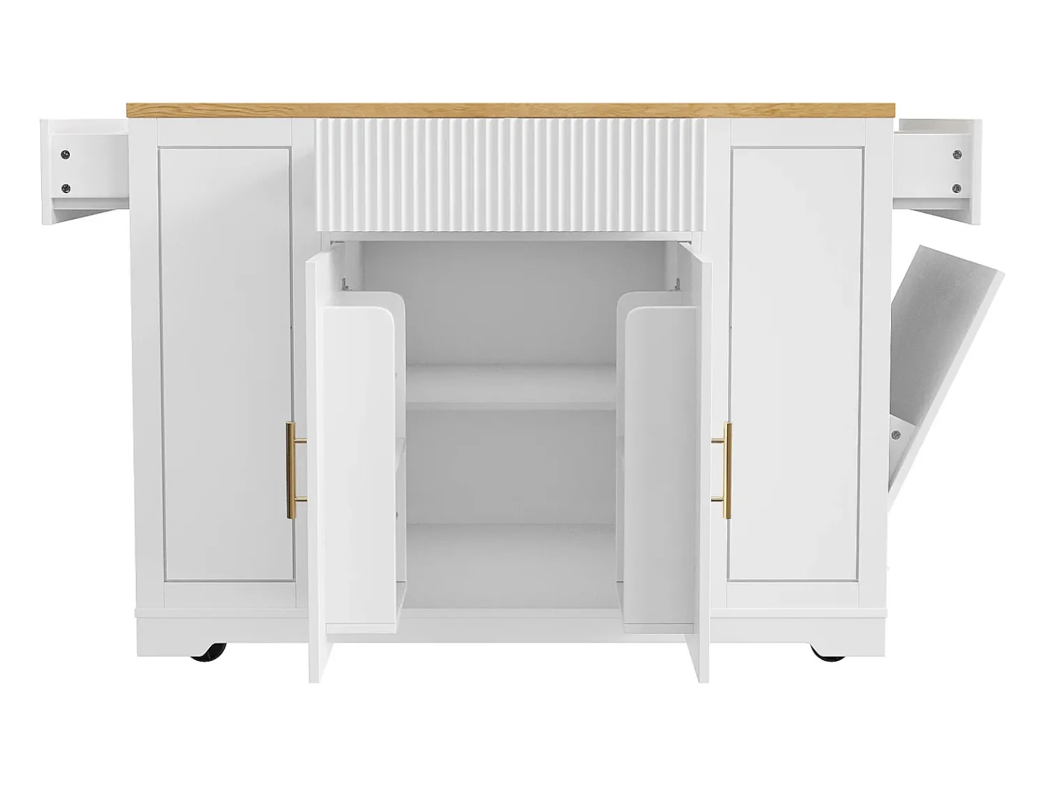Móvel De Arrumação|Hauss Spole Carrinho de cozinha com 2 portas, 3 gavetas e compartimento para o lixo, puxadores em metal, tampo com textura de madeira Branco