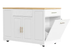 Móvel De Arrumação|Hauss Spole Carrinho de cozinha com 2 portas, 3 gavetas e compartimento para o lixo, puxadores em metal, tampo com textura de madeira Branco