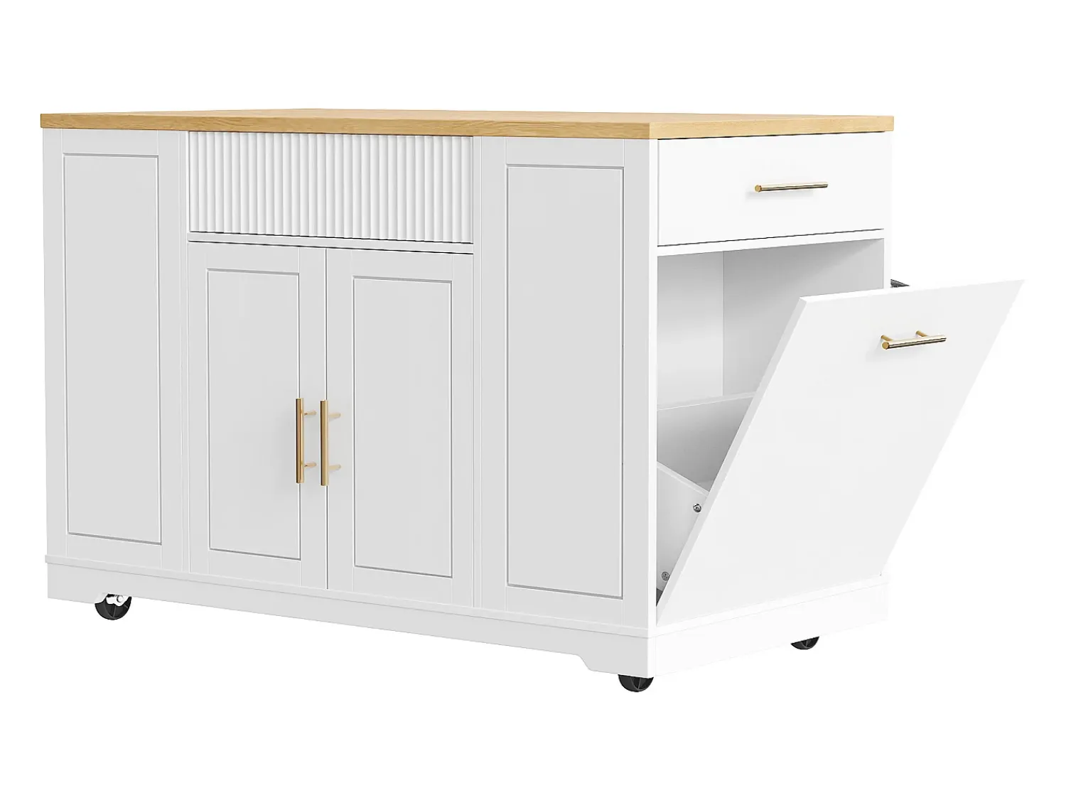 Móvel De Arrumação|Hauss Spole Carrinho de cozinha com 2 portas, 3 gavetas e compartimento para o lixo, puxadores em metal, tampo com textura de madeira Branco