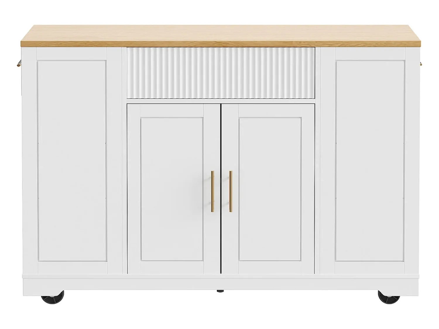 Móvel De Arrumação|Hauss Spole Carrinho de cozinha com 2 portas, 3 gavetas e compartimento para o lixo, puxadores em metal, tampo com textura de madeira Branco
