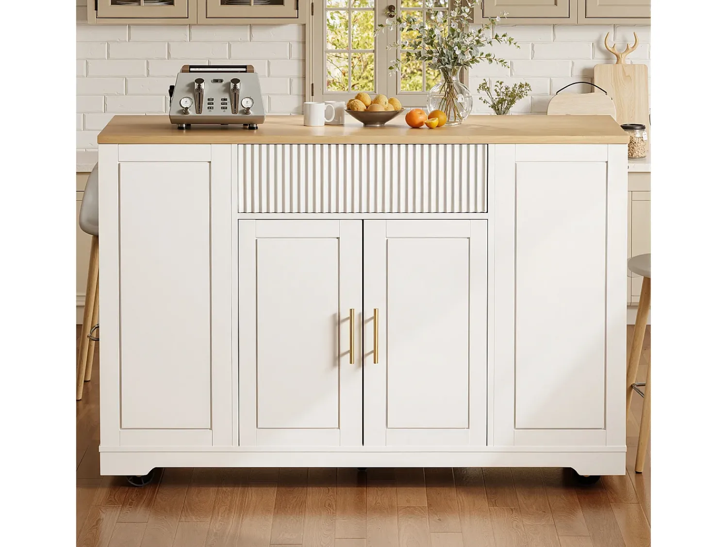 Móvel De Arrumação|Hauss Spole Carrinho de cozinha com 2 portas, 3 gavetas e compartimento para o lixo, puxadores em metal, tampo com textura de madeira Branco