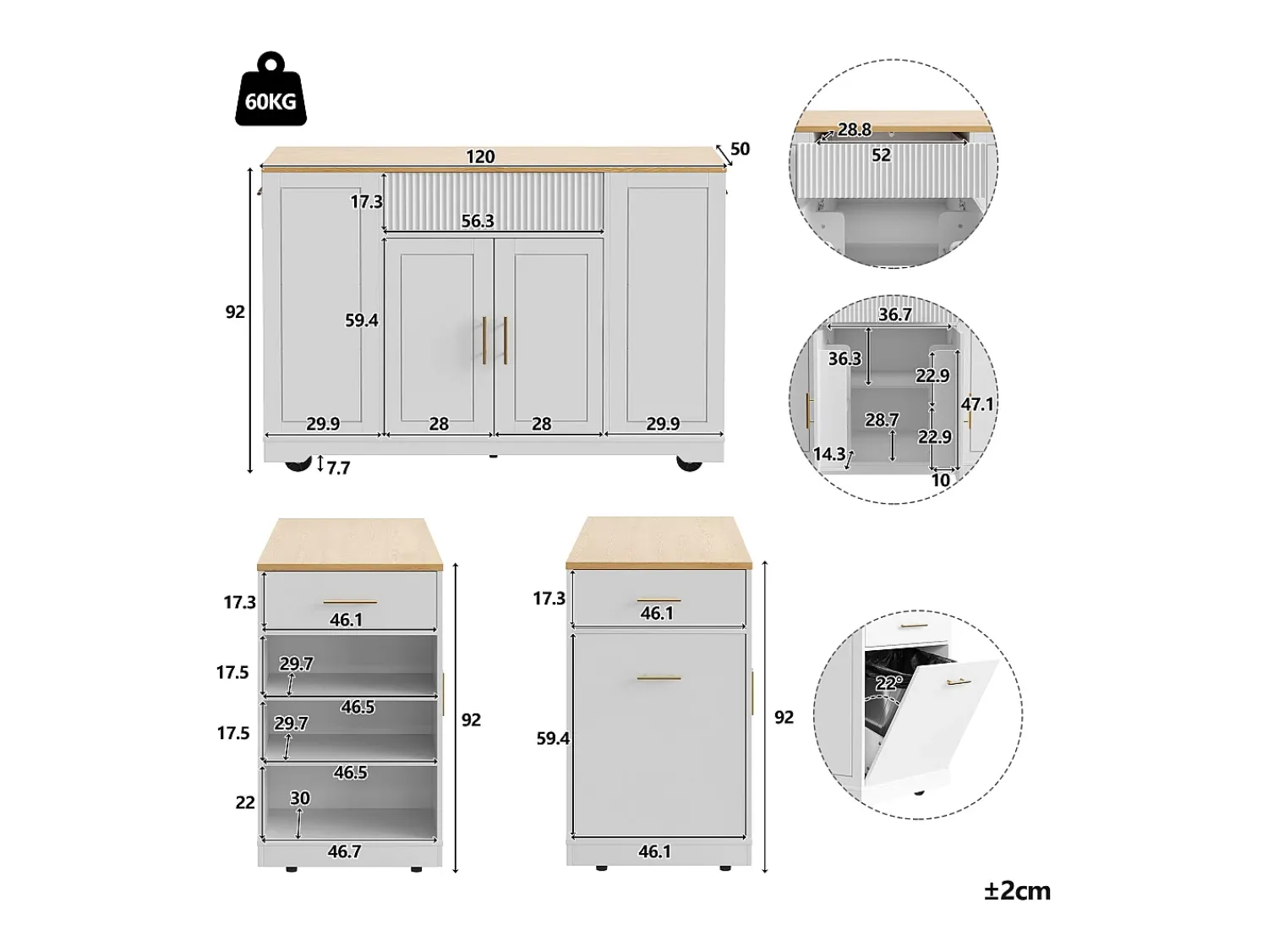 Móvel De Arrumação|Hauss Spole Carrinho de cozinha com 2 portas, 3 gavetas e compartimento para o lixo, puxadores em metal, tampo com textura de madeira Branco