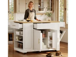 Móvel De Arrumação|Hauss Spole Carrinho de cozinha com 2 portas, 3 gavetas e compartimento para o lixo, puxadores em metal, tampo com textura de madeira Branco