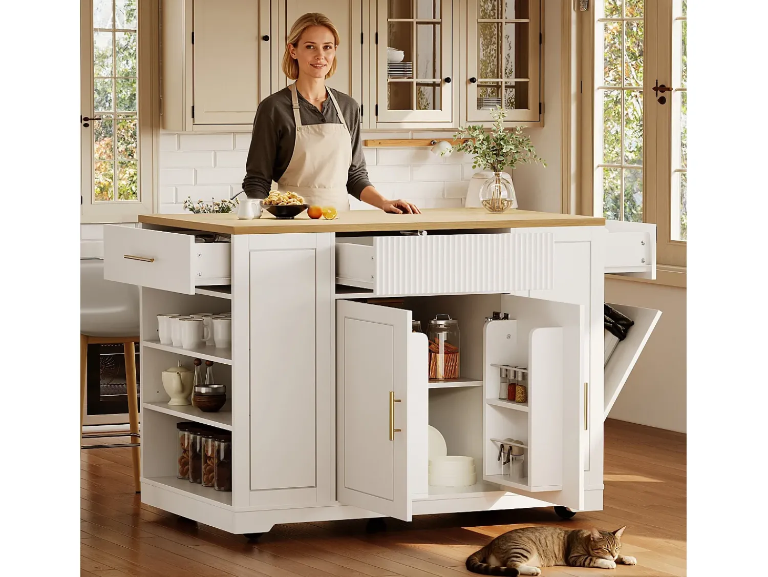 Móvel De Arrumação|Hauss Spole Carrinho de cozinha com 2 portas, 3 gavetas e compartimento para o lixo, puxadores em metal, tampo com textura de madeira Branco
