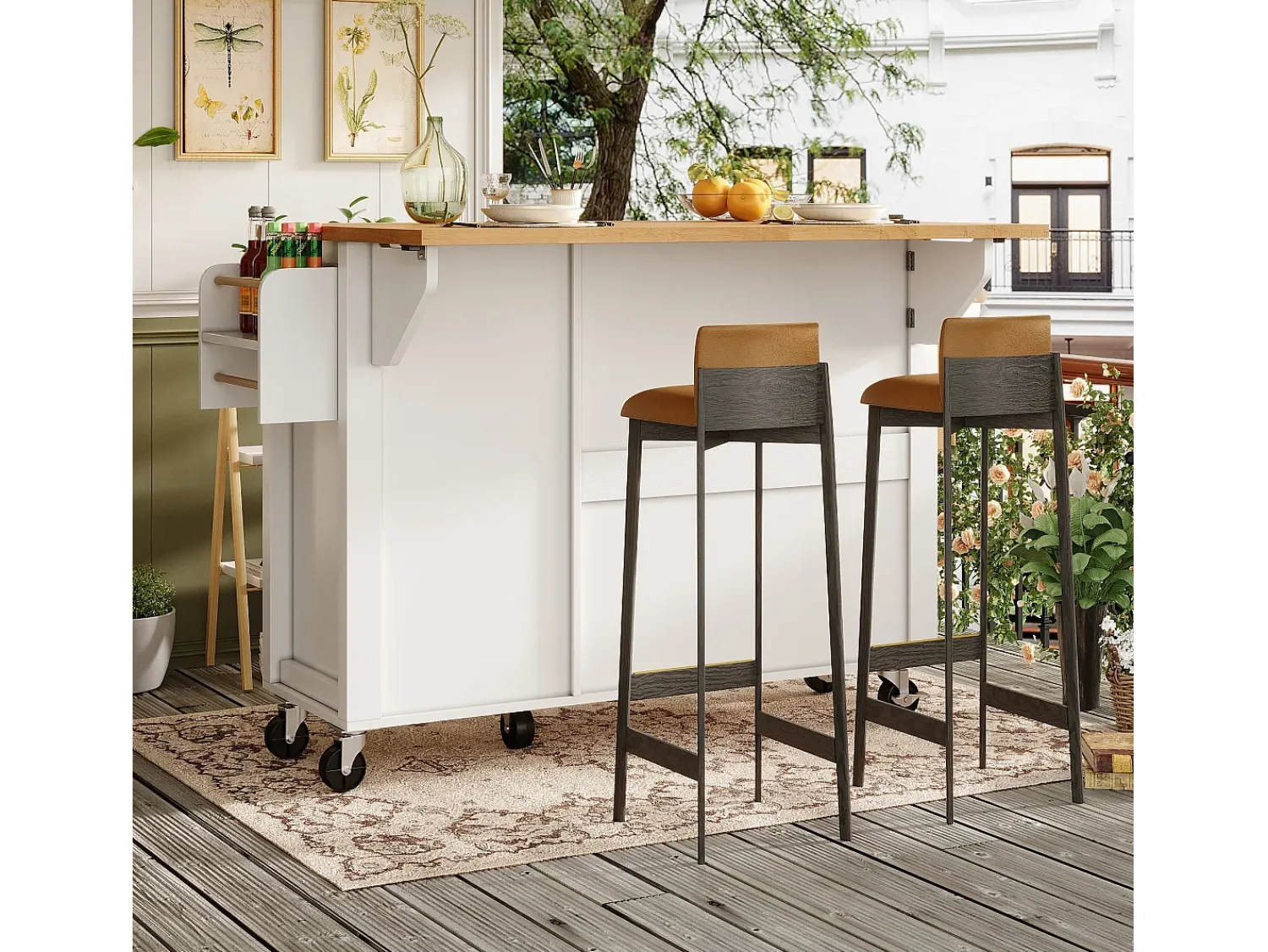 Sale Hauss Spole Carrinho de cozinha com 3 portas, 1 gaveta, suporte para toalhas e suporte para temperos, design de mesa rebatível, cores e natural Branco