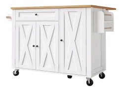 Sale Hauss Spole Carrinho de cozinha com 3 portas, 1 gaveta, suporte para toalhas e suporte para temperos, design de mesa rebatível, cores e natural Branco