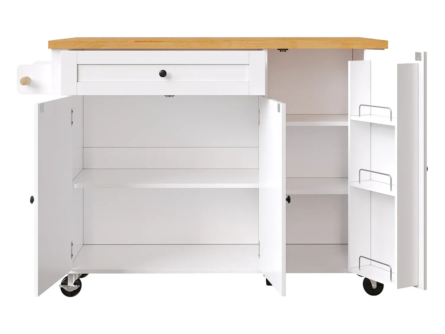 Sale Hauss Spole Carrinho de cozinha com 3 portas, 1 gaveta, suporte para toalhas e suporte para temperos, design de mesa rebatível, cores e natural Branco