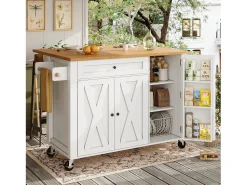 Sale Hauss Spole Carrinho de cozinha com 3 portas, 1 gaveta, suporte para toalhas e suporte para temperos, design de mesa rebatível, cores e natural Branco