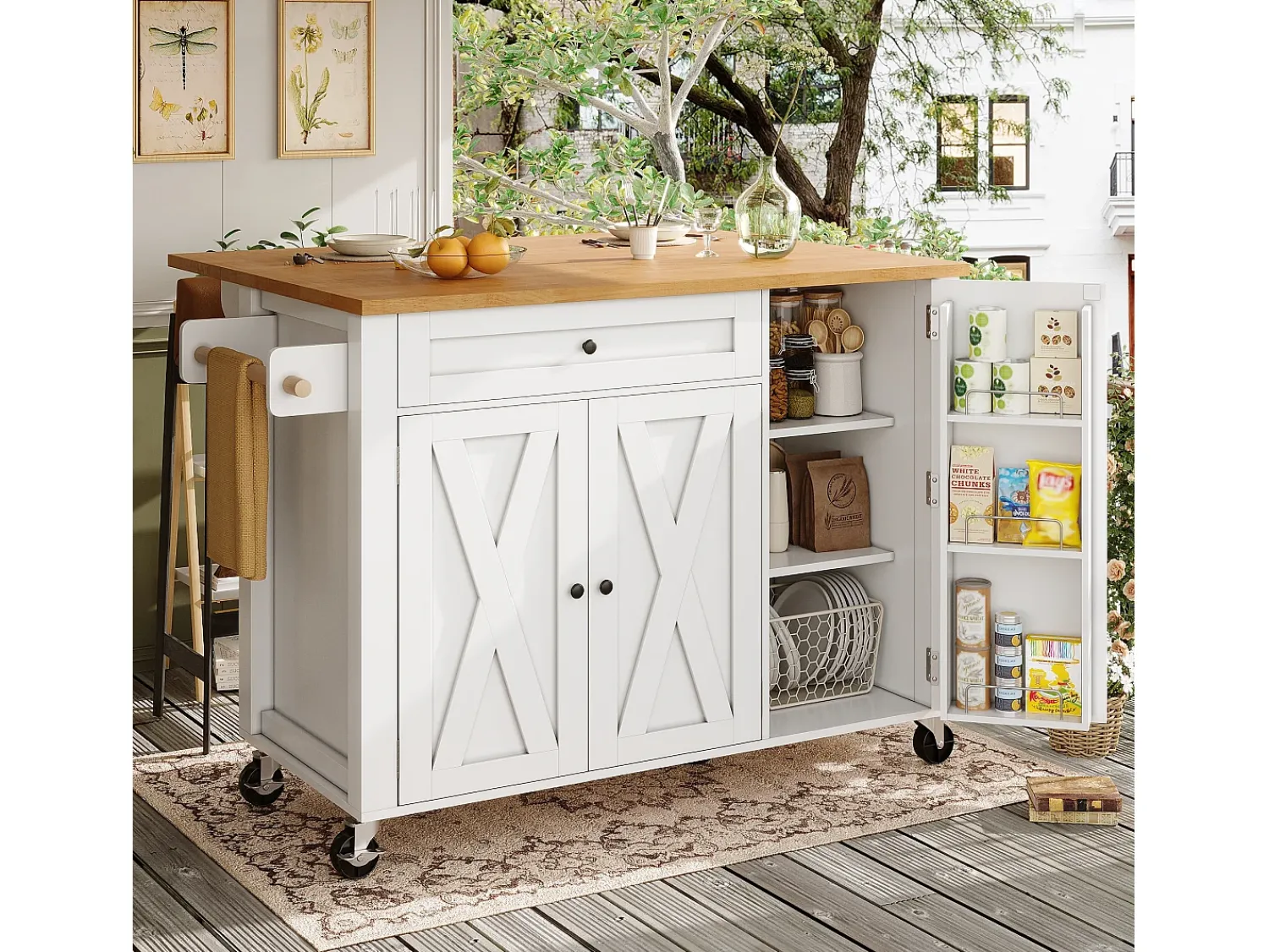 Sale Hauss Spole Carrinho de cozinha com 3 portas, 1 gaveta, suporte para toalhas e suporte para temperos, design de mesa rebatível, cores e natural Branco
