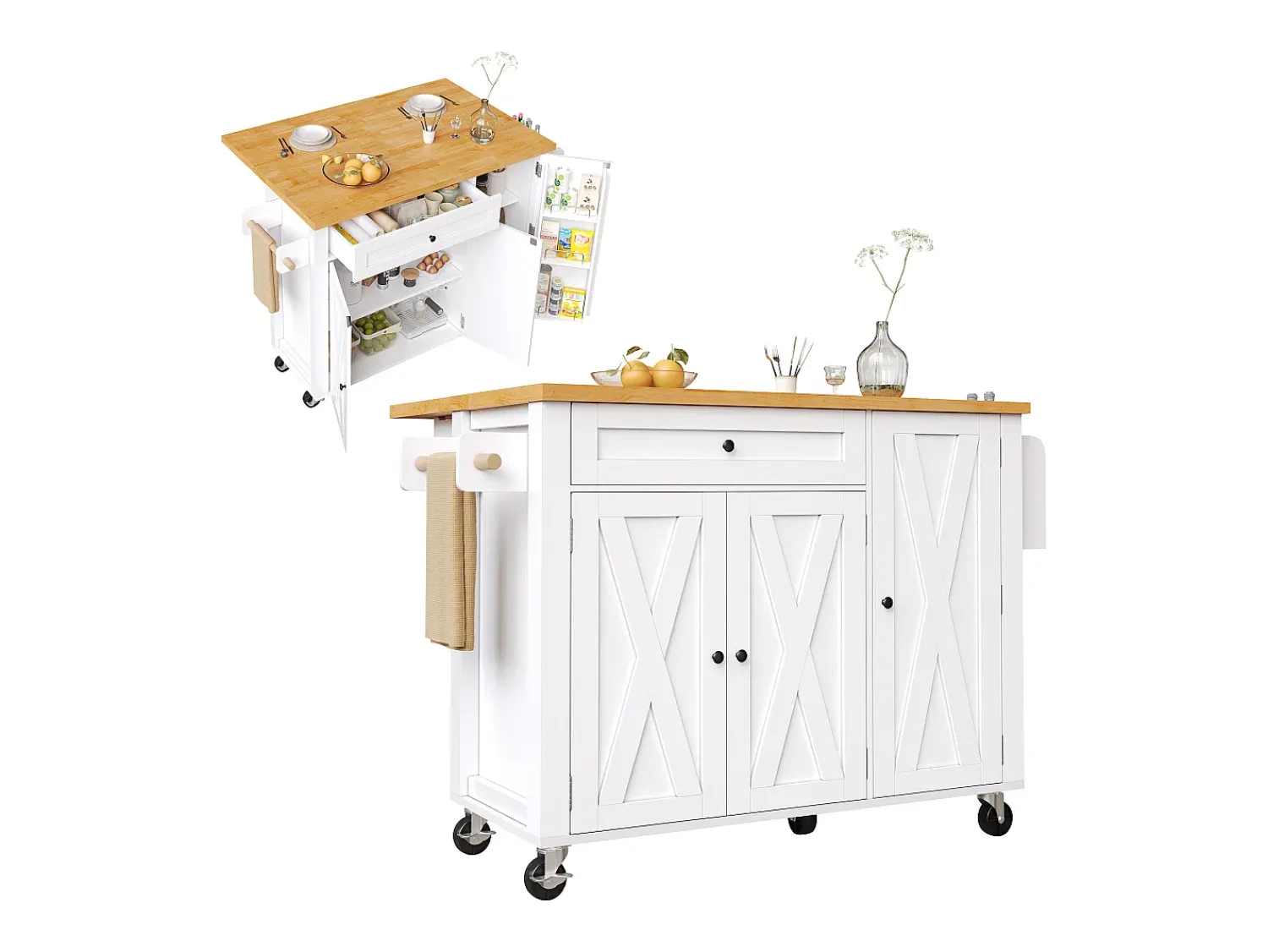 Sale Hauss Spole Carrinho de cozinha com 3 portas, 1 gaveta, suporte para toalhas e suporte para temperos, design de mesa rebatível, cores e natural Branco