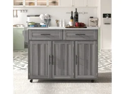 Hauss Spole Carrinho de cozinha com rodas, 2 gavetas, 3 portas, tampo extensível em folheado de mármore branco, corpo cinza^ Móvel De Arrumação