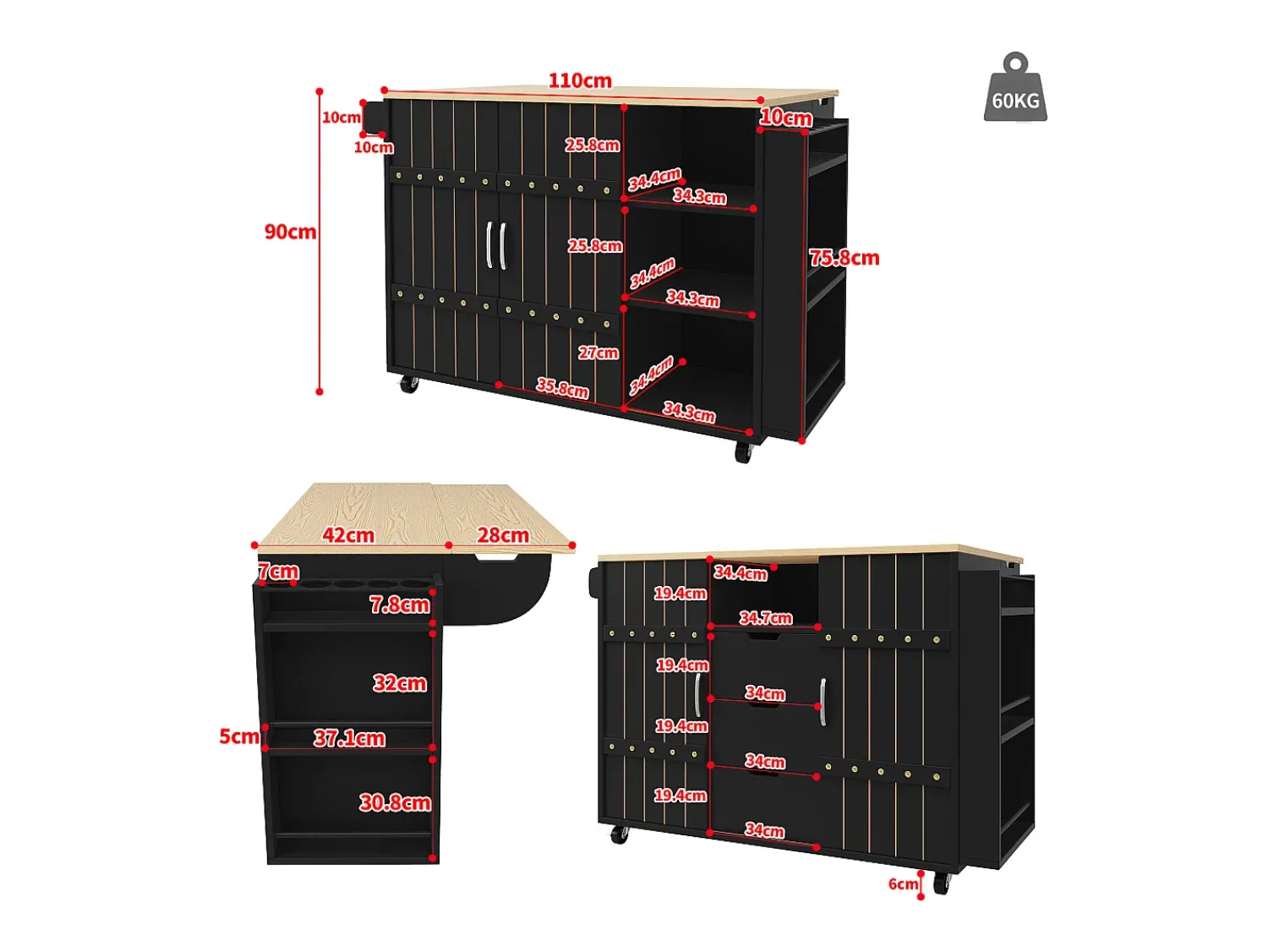 Móvel De Arrumação|Hauss Spole Carrinho de cozinha com rodas e tampo extensível, 2 portas de correr e 3 gavetas, - 110x70x90cm Preto