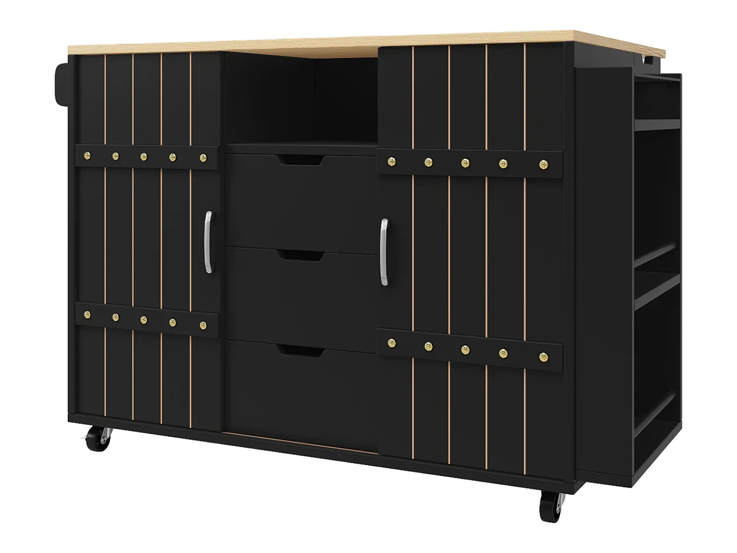 Móvel De Arrumação|Hauss Spole Carrinho de cozinha com rodas e tampo extensível, 2 portas de correr e 3 gavetas, - 110x70x90cm Preto