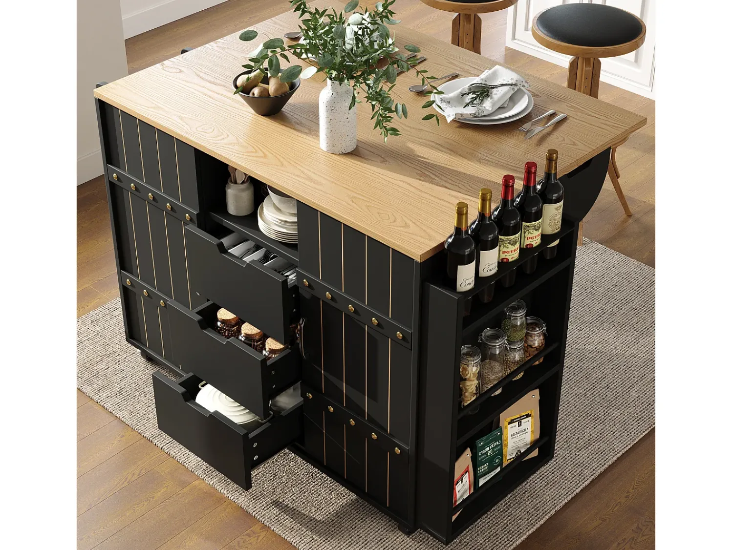 Móvel De Arrumação|Hauss Spole Carrinho de cozinha com rodas e tampo extensível, 2 portas de correr e 3 gavetas, - 110x70x90cm Preto