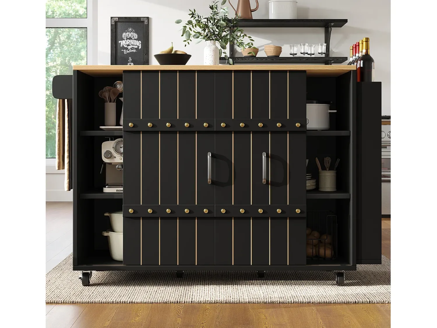 Móvel De Arrumação|Hauss Spole Carrinho de cozinha com rodas e tampo extensível, 2 portas de correr e 3 gavetas, - 110x70x90cm Preto