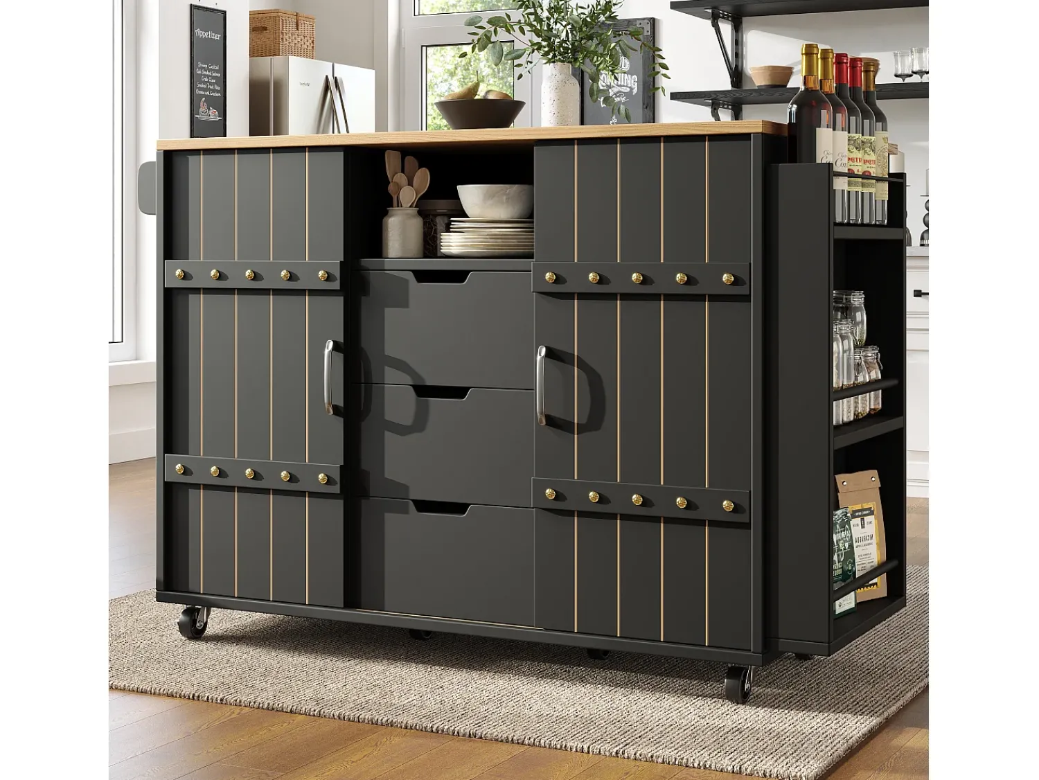 Móvel De Arrumação|Hauss Spole Carrinho de cozinha com rodas e tampo extensível, 2 portas de correr e 3 gavetas, - 110x70x90cm Preto