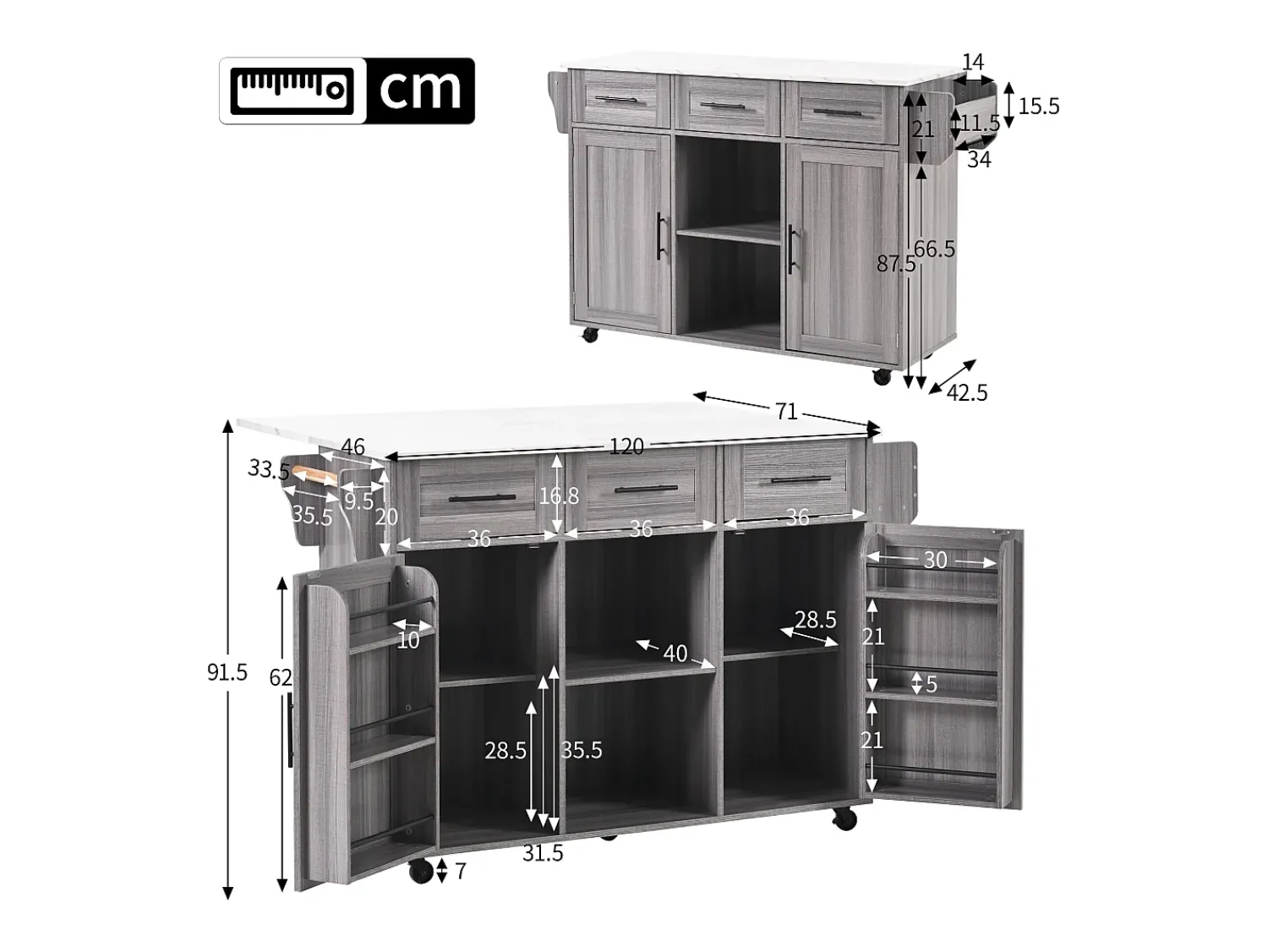 Hauss Spole Carrinho de cozinha com rodas com 3 gavetas, 2 portas e 2 nichos, tampo extensível em folheado de mármore branco, corpo cinza^ Móvel De Arrumação