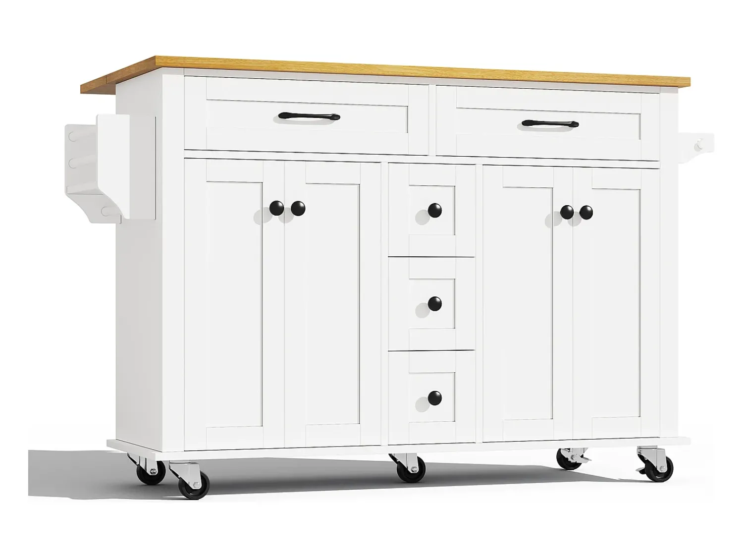 Outlet Hauss Spole Carrinho de cozinha com rodas com 5 gavetas e 4 portas, tampo extensível em acabamento madeira, Branco