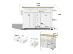 Outlet Hauss Spole Carrinho de cozinha com rodas com 5 gavetas e 4 portas, tampo extensível em acabamento madeira, Branco