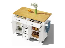Outlet Hauss Spole Carrinho de cozinha com rodas com 5 gavetas e 4 portas, tampo extensível em acabamento madeira, Branco