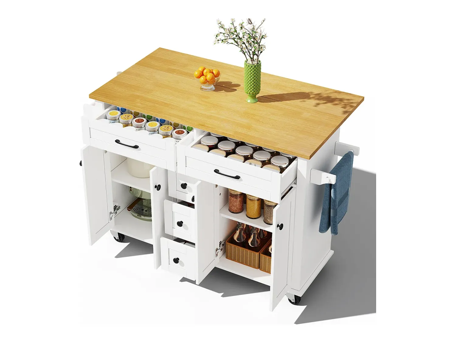 Outlet Hauss Spole Carrinho de cozinha com rodas com 5 gavetas e 4 portas, tampo extensível em acabamento madeira, Branco