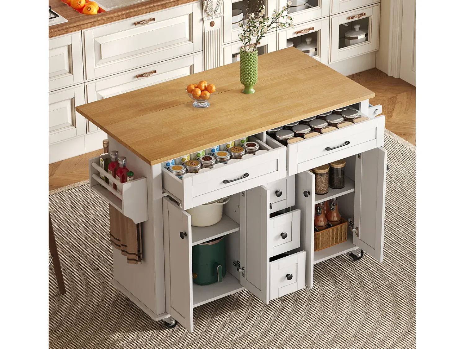 Outlet Hauss Spole Carrinho de cozinha com rodas com 5 gavetas e 4 portas, tampo extensível em acabamento madeira, Branco