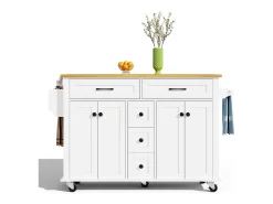 Outlet Hauss Spole Carrinho de cozinha com rodas com 5 gavetas e 4 portas, tampo extensível em acabamento madeira, Branco