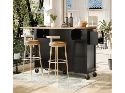 Outlet Hauss Spole Carrinho de cozinha com rodas, 2 gavetas e 4 portas de vidro, tampo extensível, + natural Preto