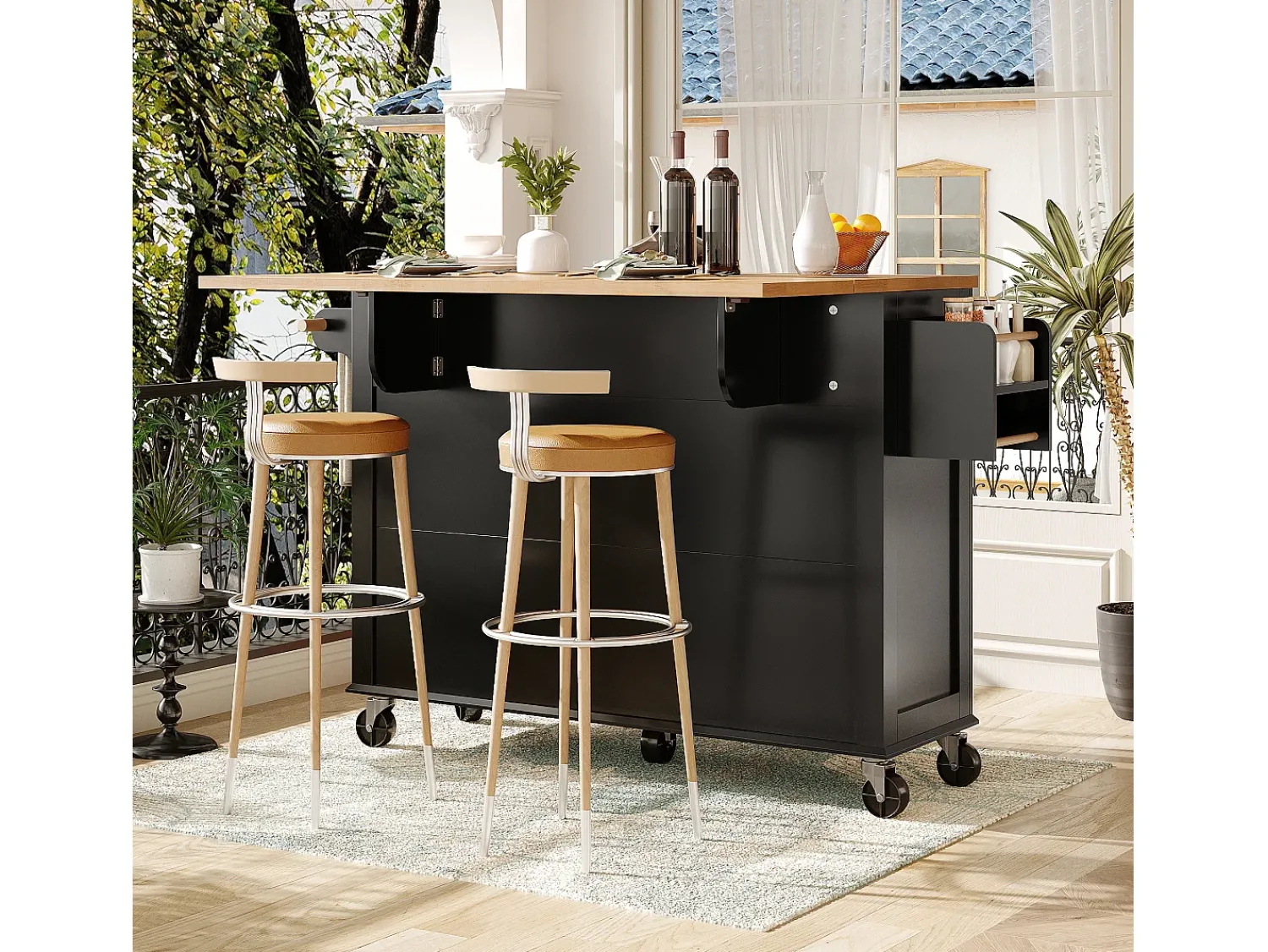 Outlet Hauss Spole Carrinho de cozinha com rodas, 2 gavetas e 4 portas de vidro, tampo extensível, + natural Preto