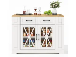 Móvel De Arrumação*Hauss Spole Carrinho de cozinha com rodas, 2 gavetas, 2 portas de vidro, tomada e porta USB, tampo extensível em madeira, corpo Branco
