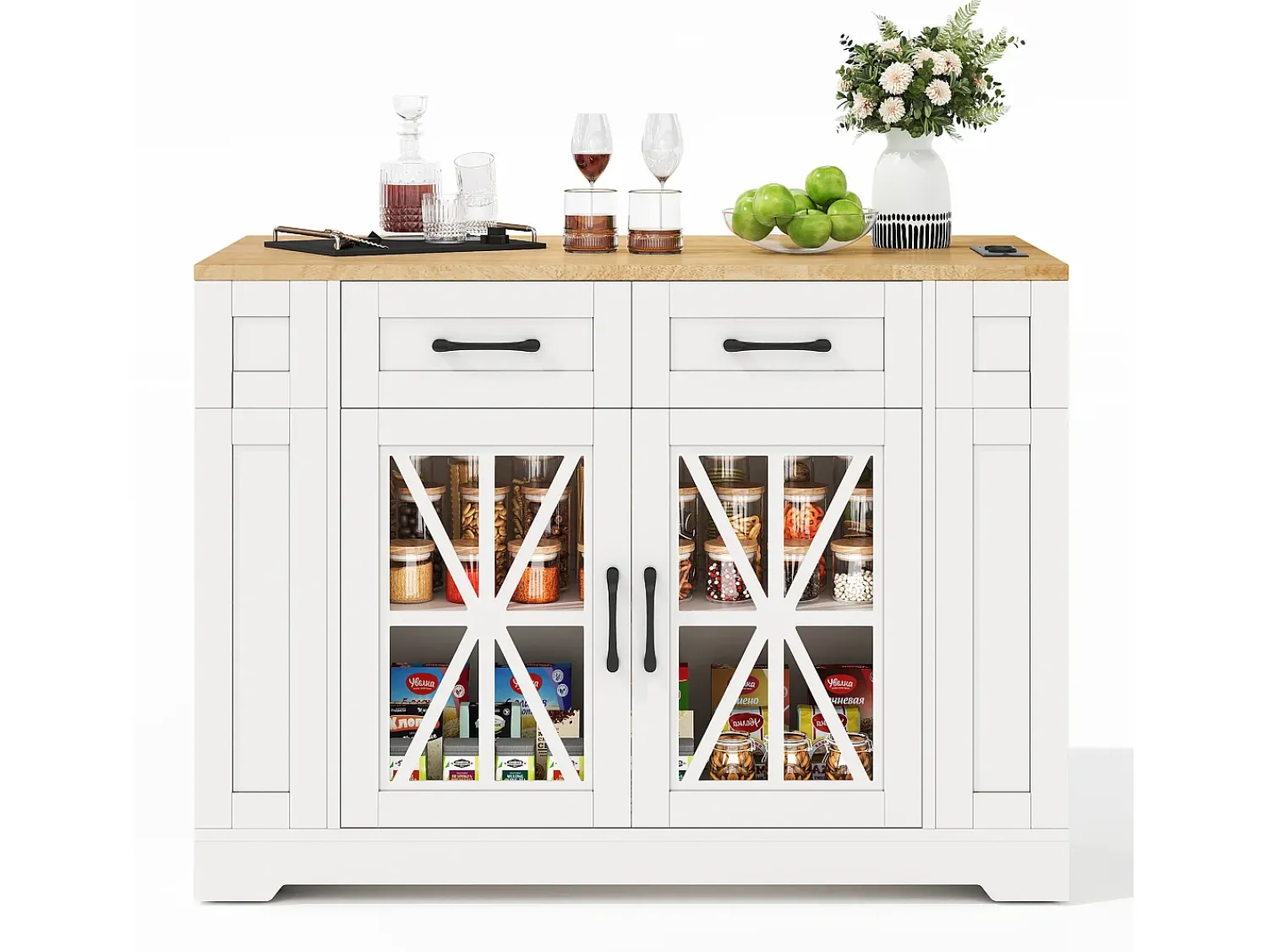 Móvel De Arrumação*Hauss Spole Carrinho de cozinha com rodas, 2 gavetas, 2 portas de vidro, tomada e porta USB, tampo extensível em madeira, corpo Branco