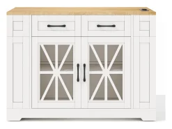 Móvel De Arrumação*Hauss Spole Carrinho de cozinha com rodas, 2 gavetas, 2 portas de vidro, tomada e porta USB, tampo extensível em madeira, corpo Branco