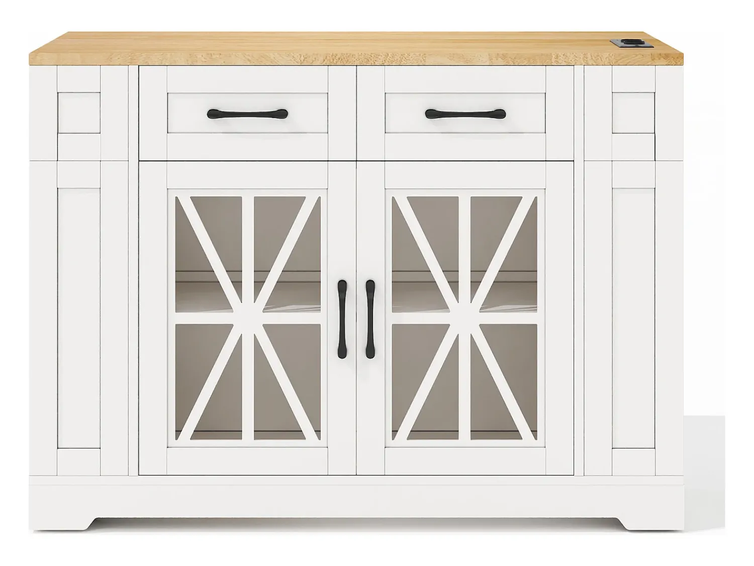 Móvel De Arrumação*Hauss Spole Carrinho de cozinha com rodas, 2 gavetas, 2 portas de vidro, tomada e porta USB, tampo extensível em madeira, corpo Branco