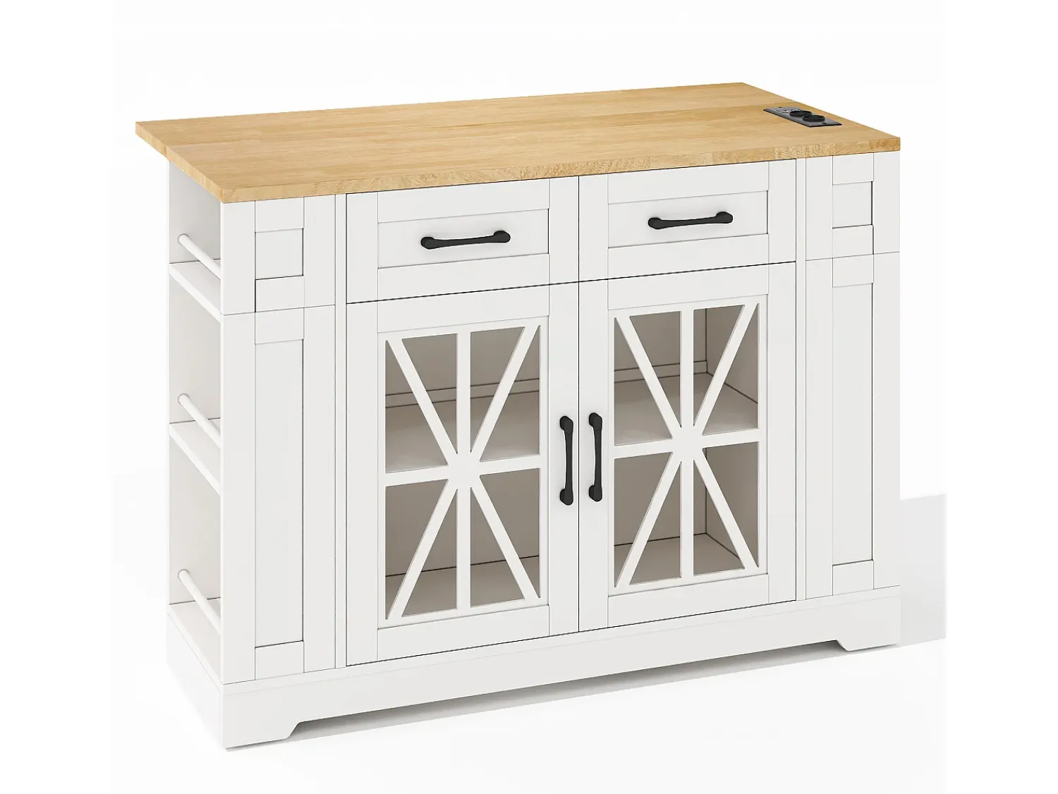 Móvel De Arrumação*Hauss Spole Carrinho de cozinha com rodas, 2 gavetas, 2 portas de vidro, tomada e porta USB, tampo extensível em madeira, corpo Branco