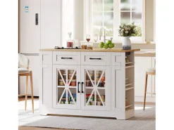 Móvel De Arrumação*Hauss Spole Carrinho de cozinha com rodas, 2 gavetas, 2 portas de vidro, tomada e porta USB, tampo extensível em madeira, corpo Branco